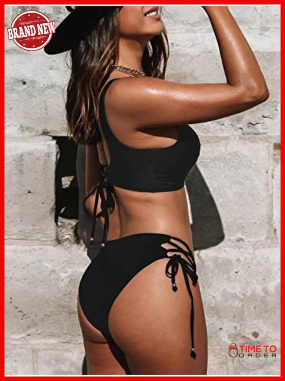 Lace Up Back Tank Top Bikini Set High Stretch Polyester Spandex Two Piece